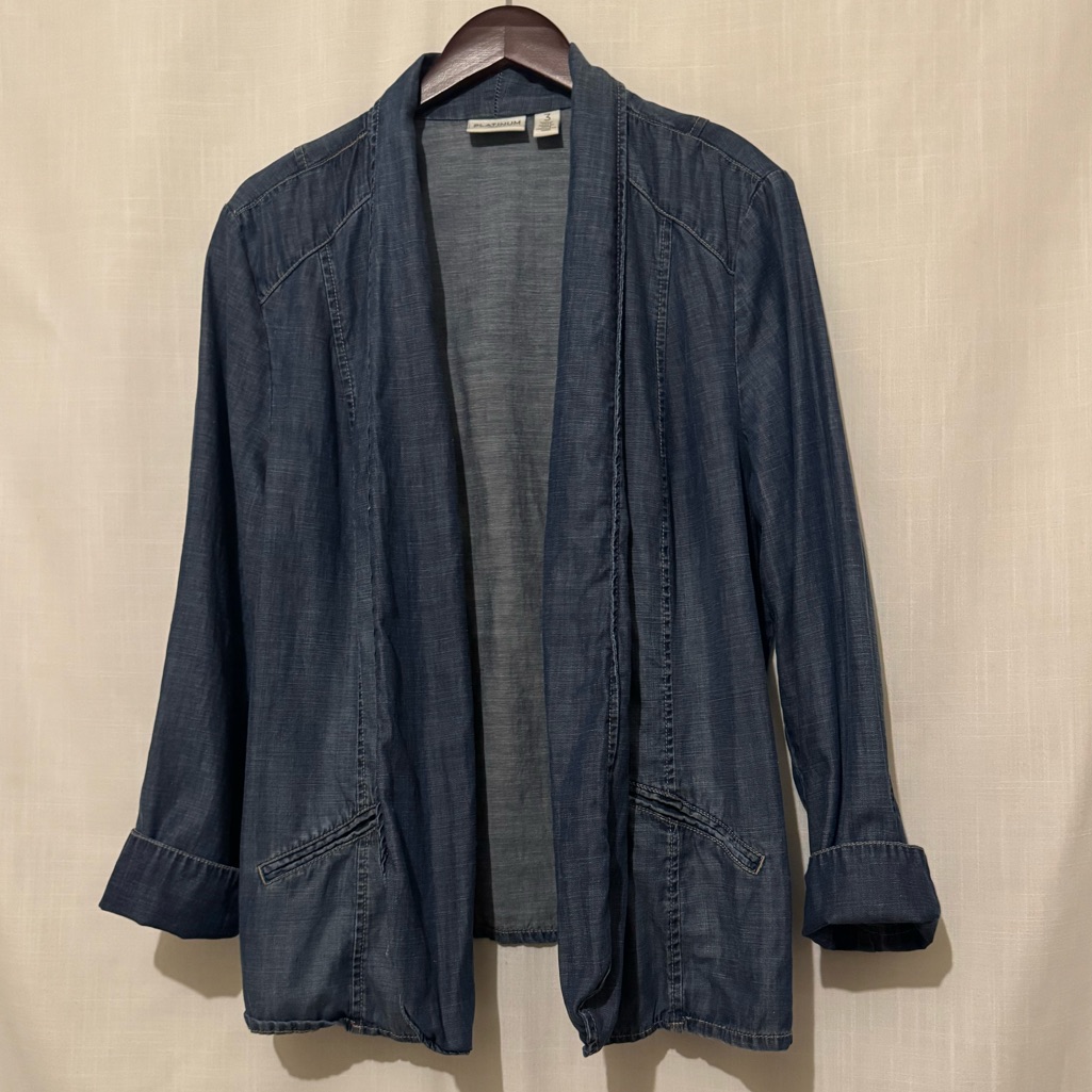 Chico’s Platinum Denim Jean Jacket Blazer Collar 3 Or L